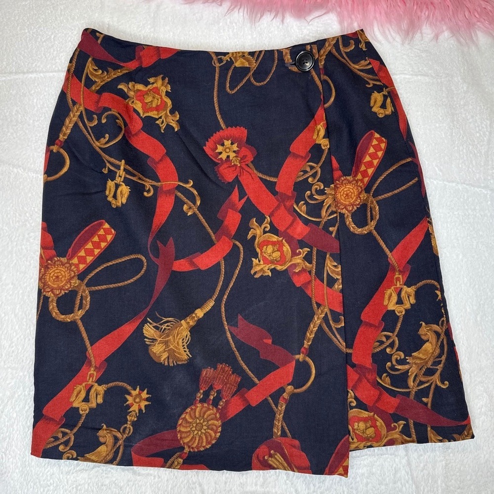 90s Vintage Old Money Preppy Navy Equestrian Wool Blend Wrap Skirt  USA 12 LARGE